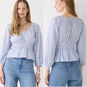 J. Crew Blue Striped Smocked Waist Top